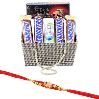 SFU E Com Beautiful Basket With peanut Chocolates | Rakhi Chocolate for Brother | Premium Elephant Pearl Designer Rakhi With Chocolates | Roli, Chawal, Chandan, Misri | 1067