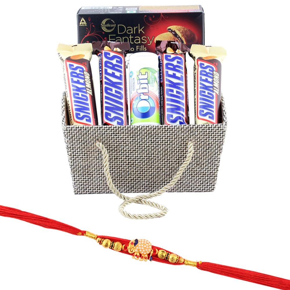 SFU E Com Beautiful Basket With peanut Chocolates | Rakhi Chocolate for Brother | Premium Elephant Pearl Designer Rakhi With Chocolates | Roli, Chawal, Chandan, Misri | 1067