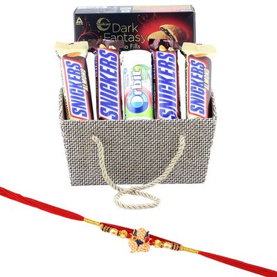 SFU E Com Beautiful Basket With peanut Chocolates | Rakhi Chocolate for Brother | Elephant Pearl Rakhi With Chocolates | Roli, Chawal, Chandan, Misri | 1067