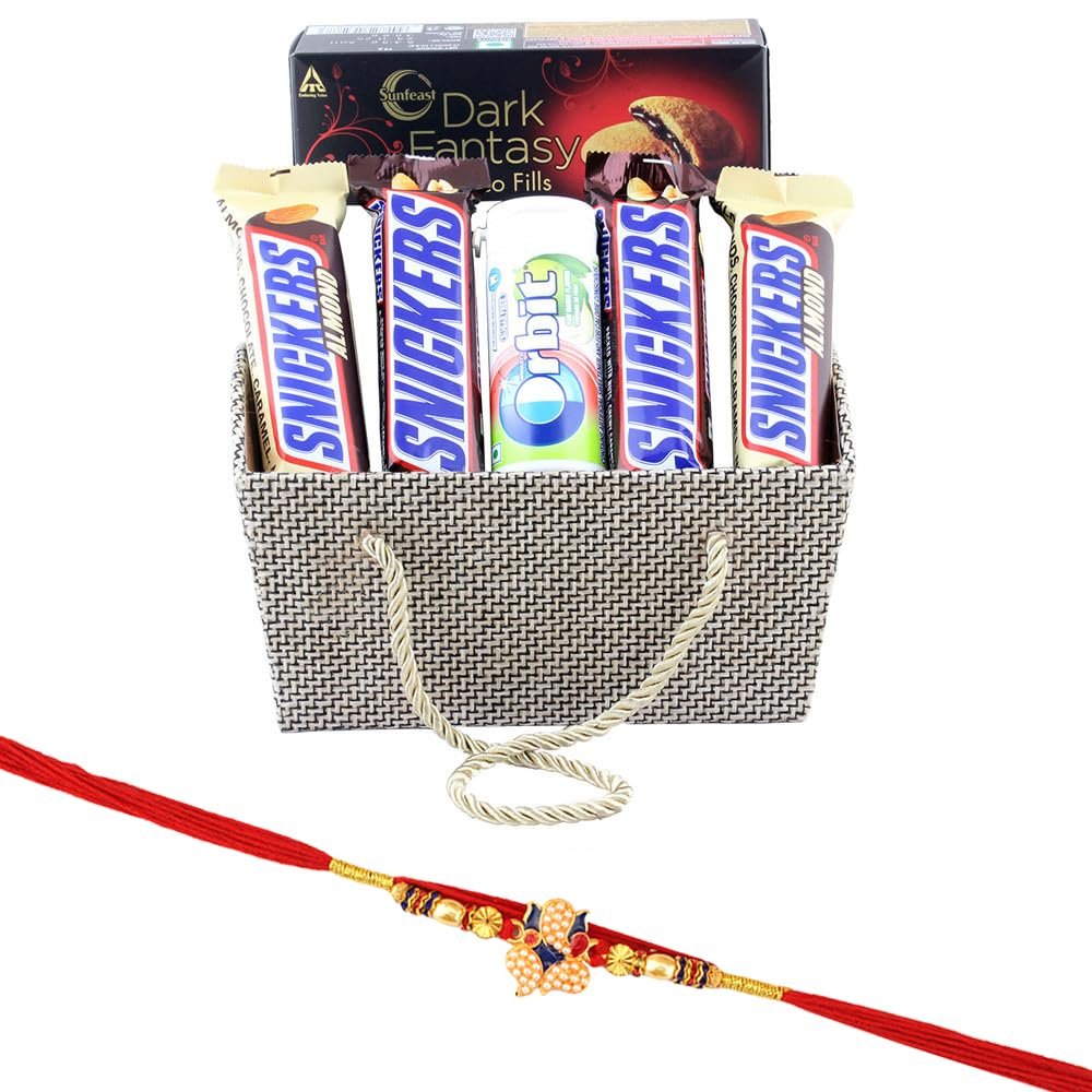 SFU E Com Beautiful Basket With peanut Chocolates | Rakhi Chocolate for Brother | Elephant Pearl Rakhi With Chocolates | Roli, Chawal, Chandan, Misri | 1067