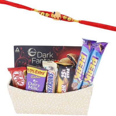 SFU E Com Crunchy And Almond Chocolate Hamper With Beautiful Golden Wooden Basket | Premium Elephant Pearl Designer Rakhi With Chocolates | Roli, Chawal, Chandan, Misri | 227