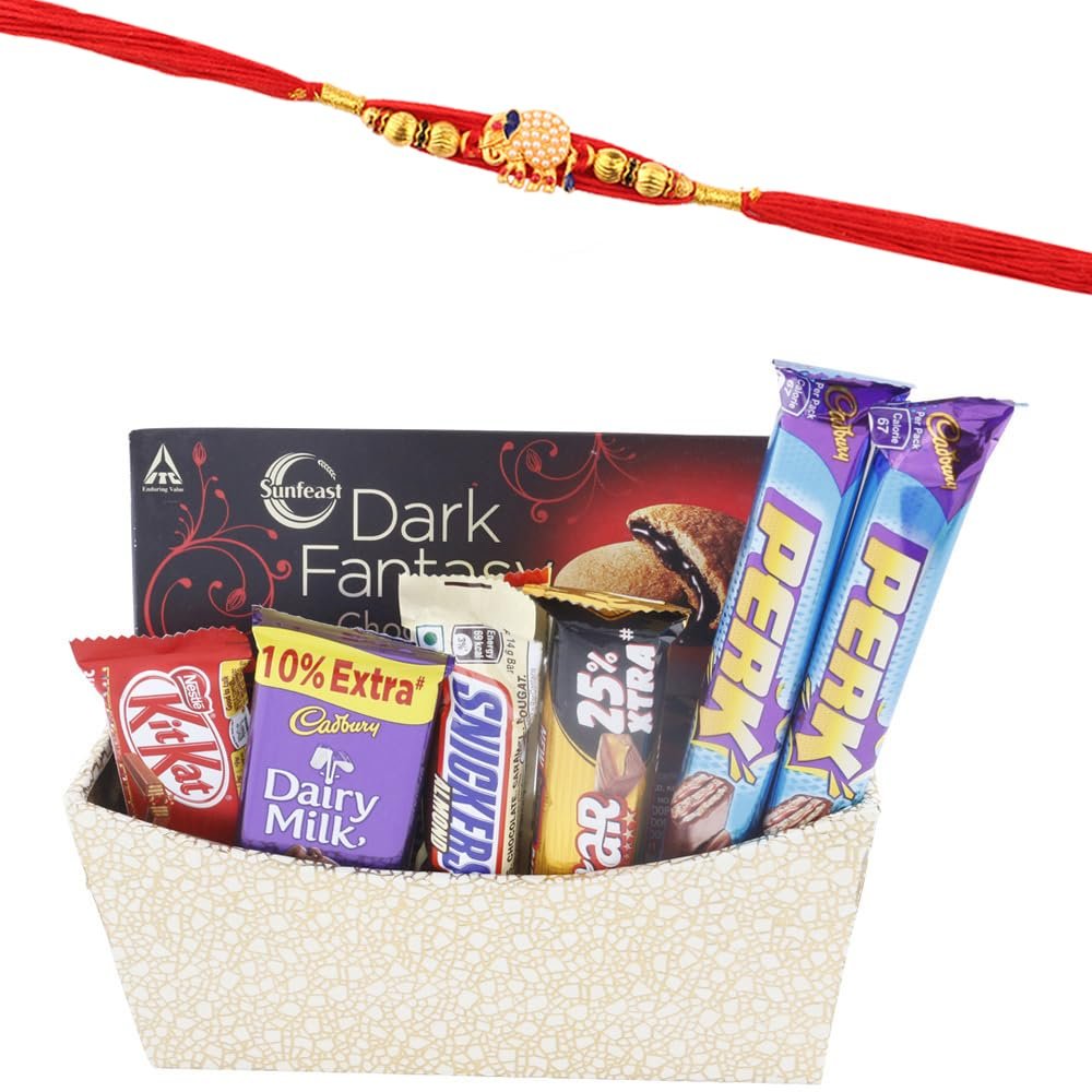 SFU E Com Crunchy And Almond Chocolate Hamper With Beautiful Golden Wooden Basket | Premium Elephant Pearl Designer Rakhi With Chocolates | Roli, Chawal, Chandan, Misri | 227