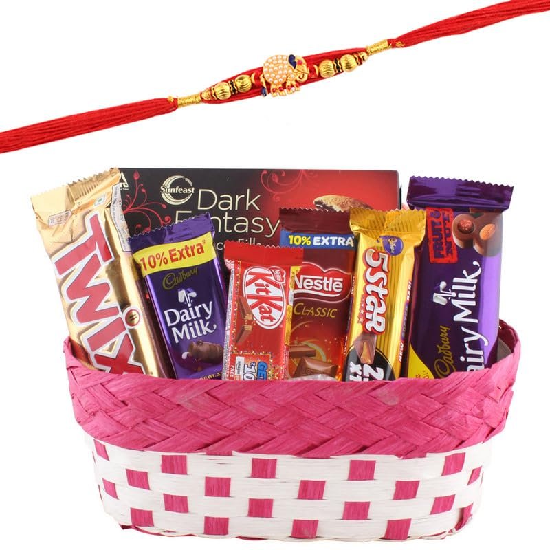 SFU E Com Choco Loaded Basket | Rakhi Chocolate for Brother | Premium Elephant Pearl Designer Rakhi With Chocolates | Roli, Chawal, Chandan, Misri | 472