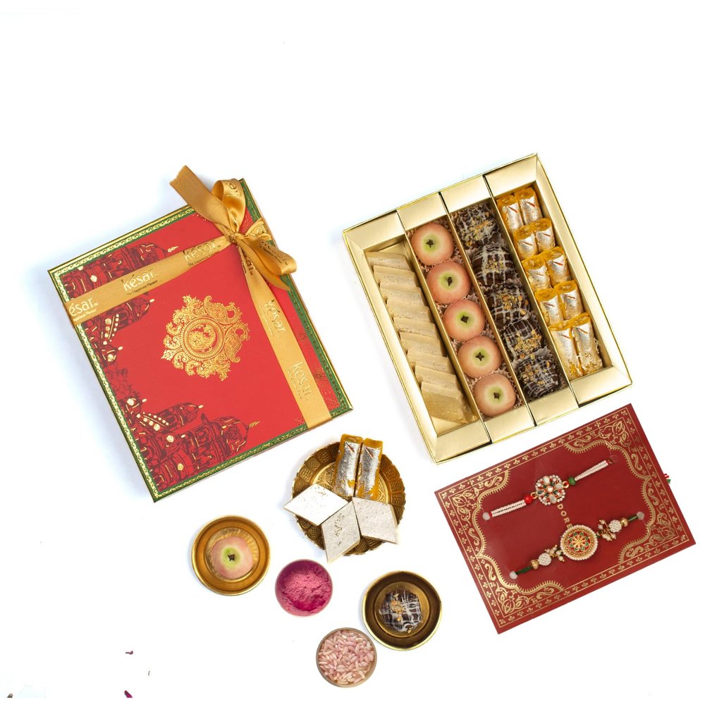 Dessert Drama Premium Gifted Sweet/Mithai Box Assorted Kaju Katli Sweets, Chocolate Ice Ball, Kaju Apple, and Kaju Kesar Roll Sweets Box 500 GM Sweet Box With Rakhi Combo Set