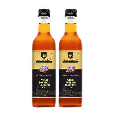 Shree Aanantam Wood Pressed Flax seed Oil - 1 Litre x 2 |Kolhu/Kacchi Ghani/Chekku | Natural | Chemical-Free | Cold Pressed Flaxseed Oil for Cooking | Alsi Ka Tel | High in Omega - 1l (Pack of 2)