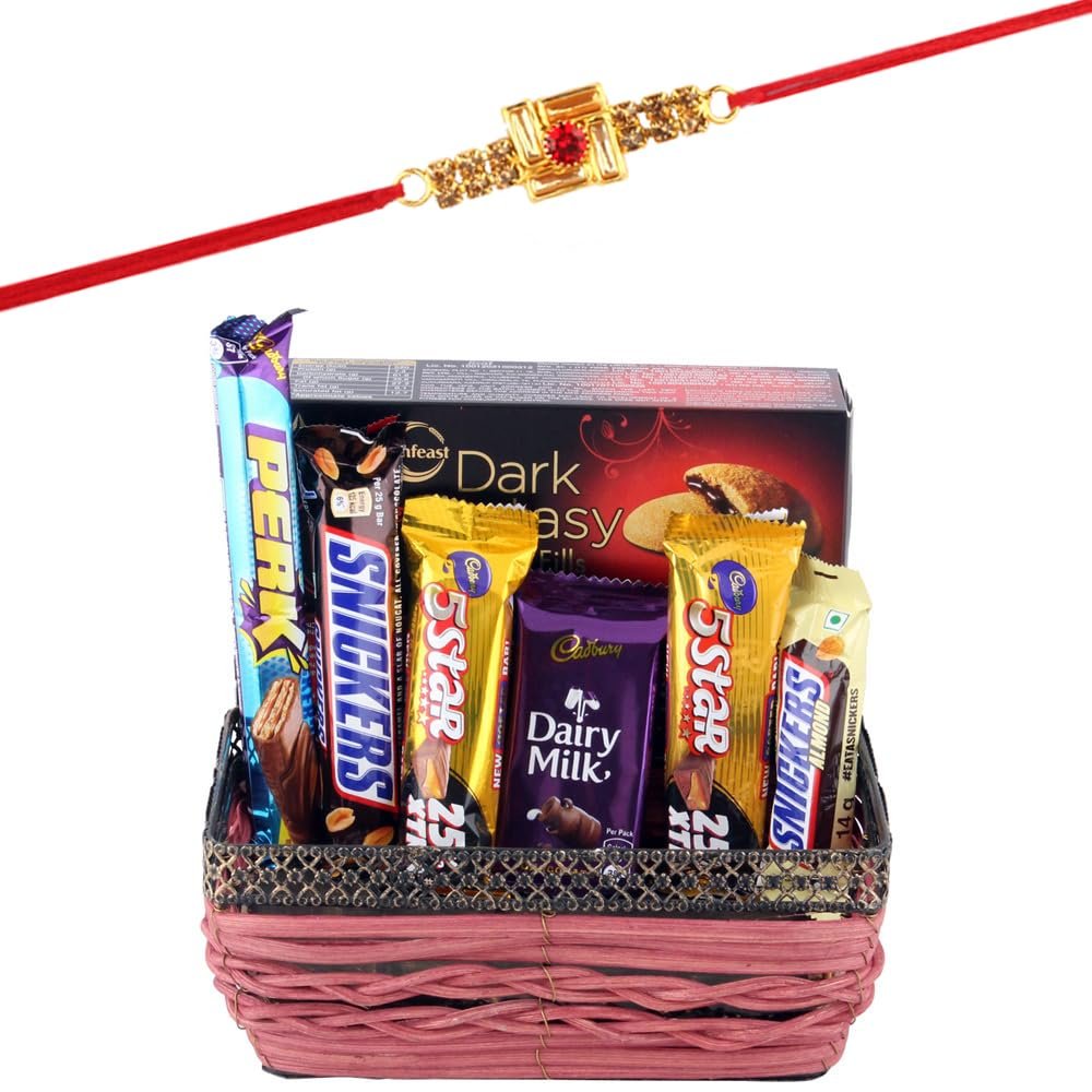 SFU E Com Creamy 5Star Chocolates With Designer Basket | Rakhi Chocolate for Brother | Swastik Design Rakhi With Chocolates | Roli, Chawal, Chandan, Misri | 747