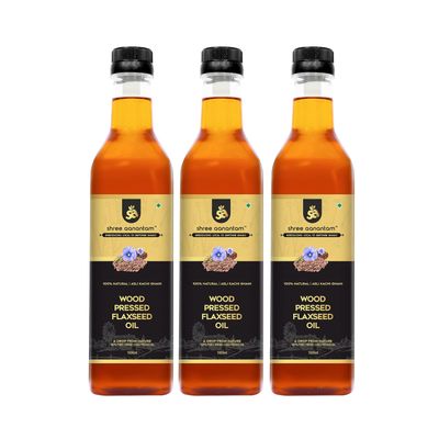 Shree Aanantam Wood Pressed Flax seed Oil - 1 Litre x 3 |Kolhu/Kacchi Ghani/Chekku | Natural | Chemical-Free | Cold Pressed Flaxseed Oil for Cooking | Alsi Ka Tel | High in Omega - 1l (Pack of 3)