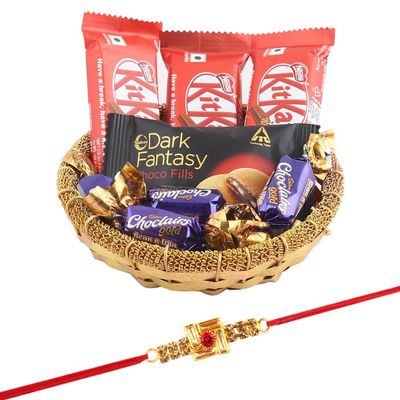 SFU E Com Nestle Kitkat With Creamy Dark Fantasy | Rakhi Chocolate for Brother | Swastik Design Rakhi With Chocolates | Roli, Chawal, Chandan, Misri | 1140