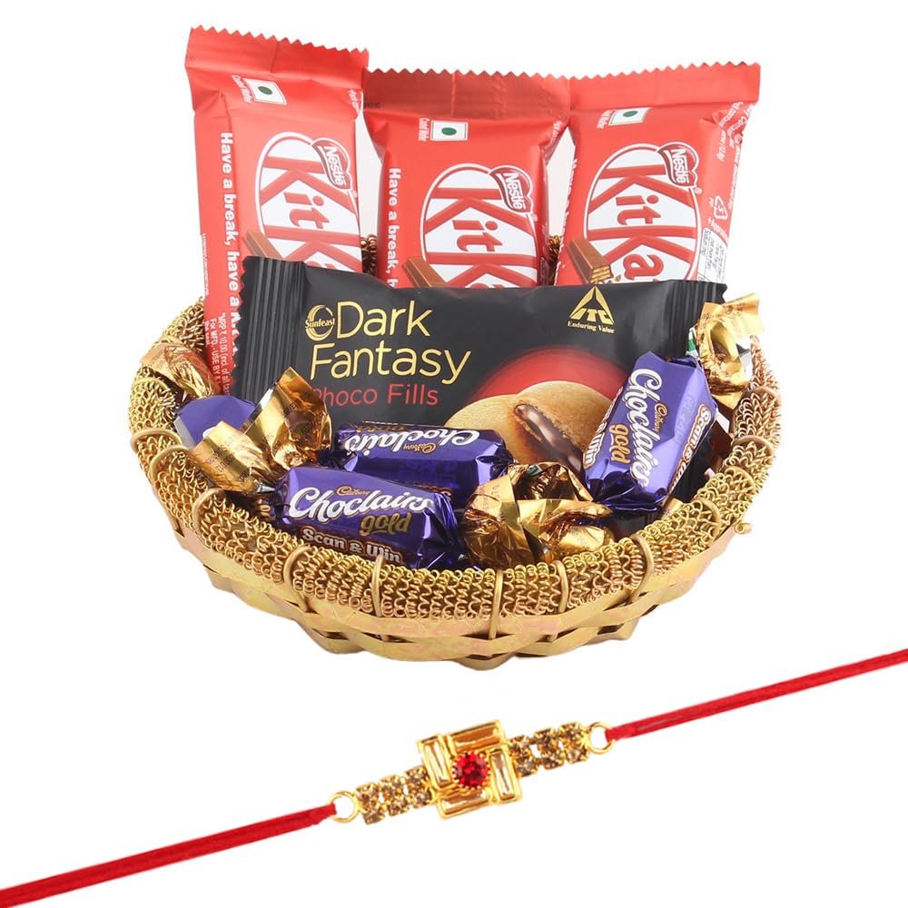 SFU E Com Nestle Kitkat With Creamy Dark Fantasy | Rakhi Chocolate for Brother | Swastik Design Rakhi With Chocolates | Roli, Chawal, Chandan, Misri | 1140