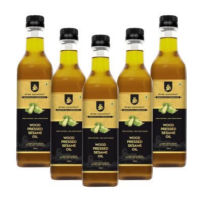 Shree Aanantam Cold Pressed Sesame Gingelly Oil - 1Liter x 5 | Bottle | Kolhu/Kacchi Ghani/Chekku | Gingelly Oil | Natural | Chemical-Free | Wood Pressed Sesame Oil for Cooking. - 1l (Pack of 5)