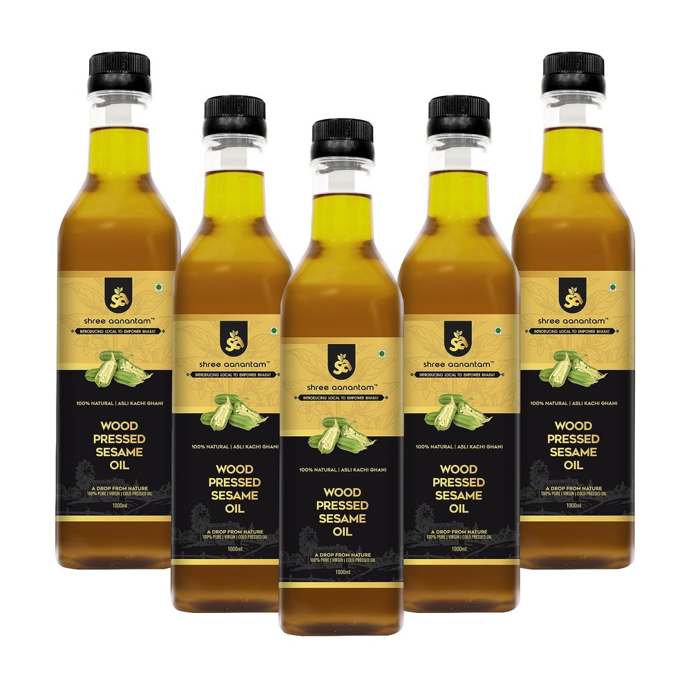 Shree Aanantam Cold Pressed Sesame Gingelly Oil - 1Liter x 5 | Bottle | Kolhu/Kacchi Ghani/Chekku | Gingelly Oil | Natural | Chemical-Free | Wood Pressed Sesame Oil for Cooking. - 1l (Pack of 5)