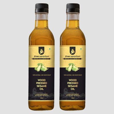 Shree Aanantam Cold Pressed Sesame Gingelly Oil - 1Liter x 2 | Bottle | Kolhu/Kacchi Ghani/Chekku | Gingelly Oil | Natural | Chemical-Free | Wood Pressed Sesame Oil for Cooking. - 1l (Pack of 2)