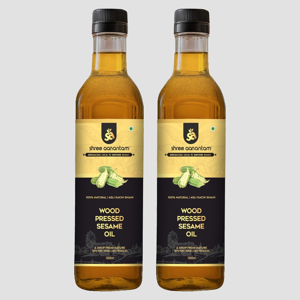 Shree Aanantam Cold Pressed Sesame Gingelly Oil - 1Liter x 2 | Bottle | Kolhu/Kacchi Ghani/Chekku | Gingelly Oil | Natural | Chemical-Free | Wood Pressed Sesame Oil for Cooking. - 1l (Pack of 2)
