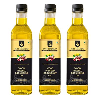 Shree Aanantam Premium Cold Pressed Groundnut Oil - 500ml x 3 | 100% Natural, Pure | Kolhu/Kacchi Ghani/Chekku | Peanut Oil for Cooking | Rich in Omega-6 & Vitamin E | Non-GMO -500ml (Pack of 3)