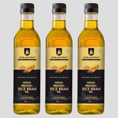 Shree Aanantam Cold Pressed Rice Bran Oil - 1 Liter | Bottle | Kolhu/Kacchi Ghani/Chekku | 100% Pure & Natural | Chemical-Free | Wood Pressed Rice Bran Oil for Cooking (1l (Pack of 3))