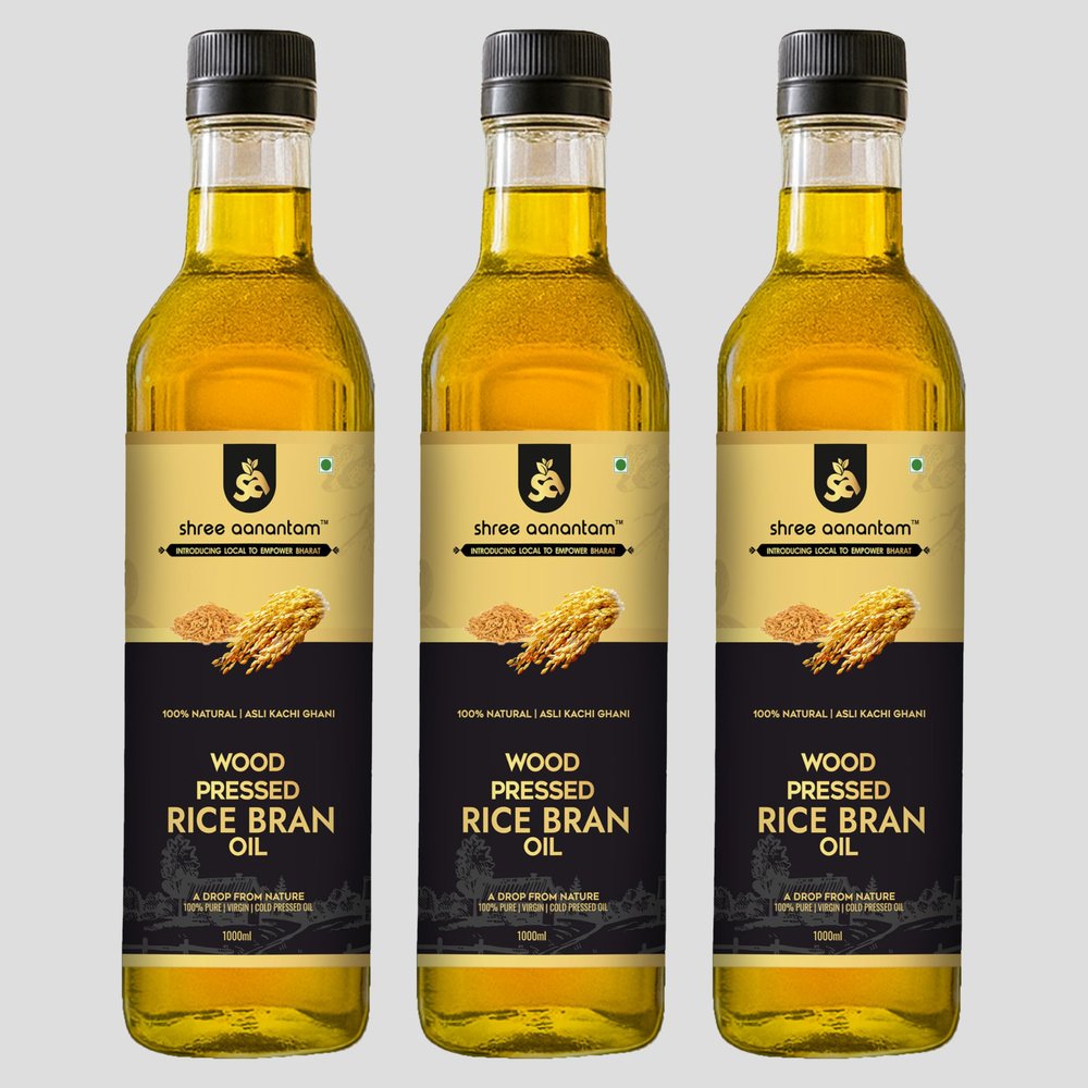Shree Aanantam Cold Pressed Rice Bran Oil - 1 Liter | Bottle | Kolhu/Kacchi Ghani/Chekku | 100% Pure & Natural | Chemical-Free | Wood Pressed Rice Bran Oil for Cooking (1l (Pack of 3))