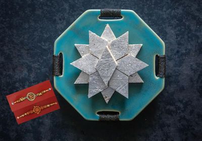 Dessert Drama Premium Sweet Gift Box Cashew Sweet/Kaju Katli 400 gm Kajoo Katli Sweet Box With 2 Rakhi Combo Set Brother Gift Rakshabandhan/Rakhi Sweeets