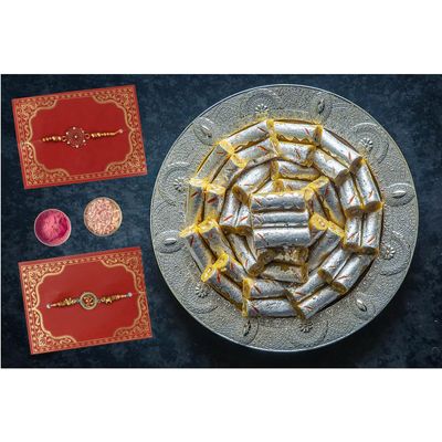 Dessert Drama Premium Sweet Gift Box Cashew Sweet Kaju & Kesar Roll with Pista Filling 400 gm Sweet Box With 2 Rakhi Combo Set Brother Gift Rakshabandhan/Rakhi Sweeets