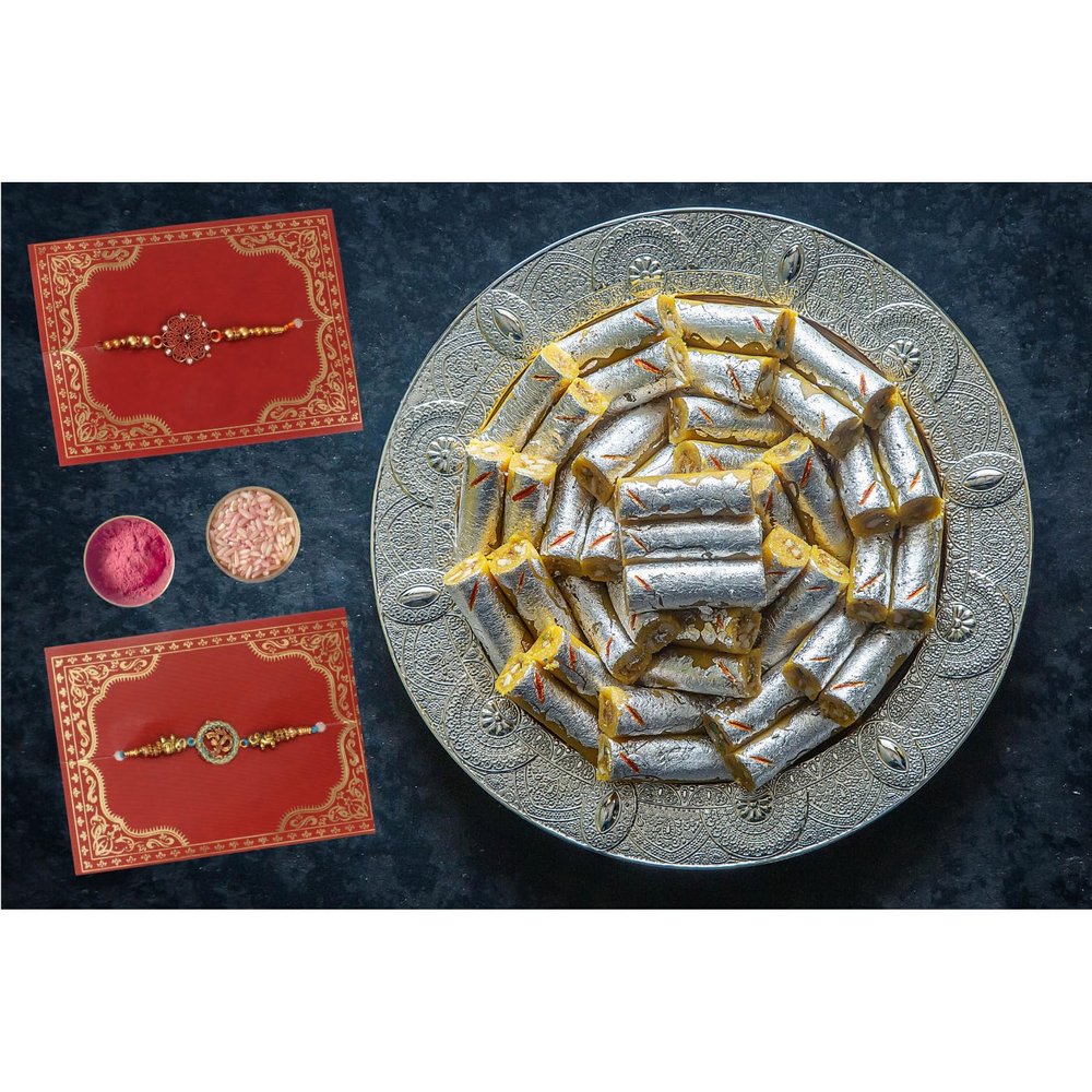 Dessert Drama Premium Sweet Gift Box Cashew Sweet Kaju & Kesar Roll with Pista Filling 400 gm Sweet Box With 2 Rakhi Combo Set Brother Gift Rakshabandhan/Rakhi Sweeets