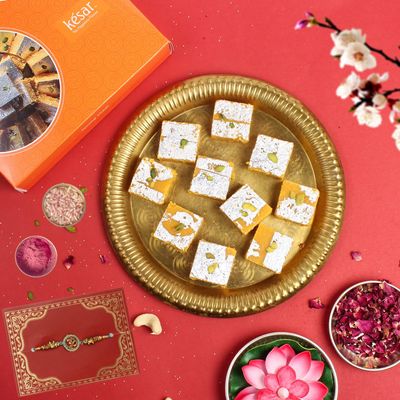 Dessert Drama Premium Sweet Gift Box Desi Ghee Moong Thal/Moong Dal Barfi 400 gm Sweet Box With Rakhi For Brother Gift Rakshabandhan/Rakhi Sweeets