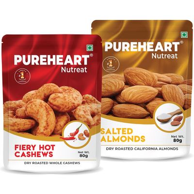 Pureheart Nutreat Combo of Roasted Fiery Hot Cashews (80 gm) & Salted Almond (80 gm)| Protein & Fiber Rich Delicious, Crunchy Dry Fruit Snack | Masala/Chili Cashews and Salted Almond | No Additives