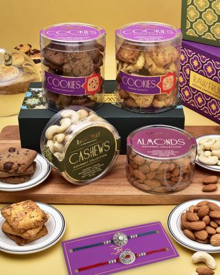 Hamam Dasta Dry Fruits Combo Pack Rakhi Gift Hamper For Brother Cookies Gift Pack Rakhi Set Of 2 Dry Fruit Gift Pack Cashew Almond Cocolate Cookies Almond Biscuit Ruby & Sapphire Rakhi Set Of 2