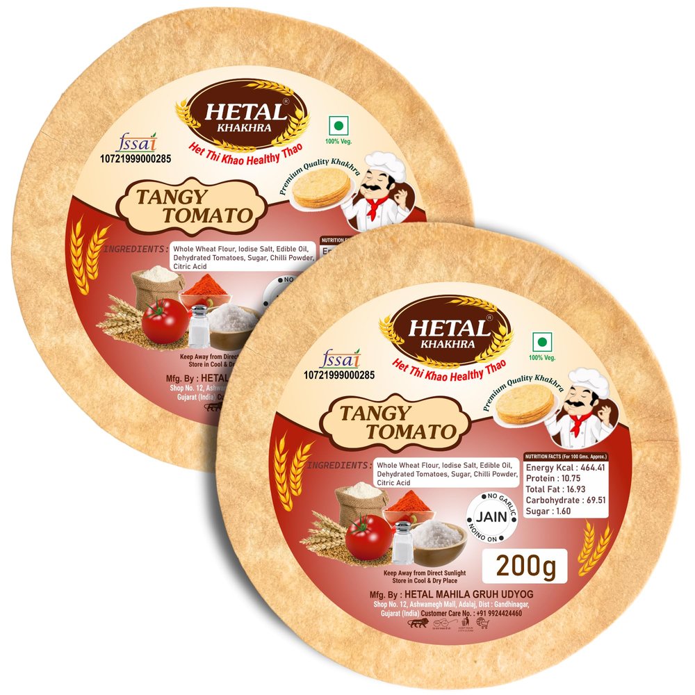 HETAL KHAKHRA Tengy Tometo Khakhra|Ready To Eat Snacks|Evening Time Snacks|Gujarati Healthy Snacks (Pack Of 2) 200 Gm in Each Pack