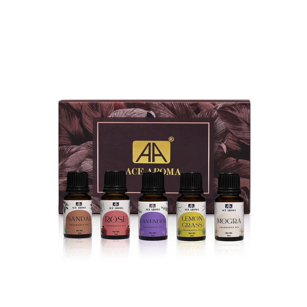 Ace Aroma Essential Oils Set - Sandalwood, Rose, Lavender, Lemon, Mogra | Best Aromatherapy, Humidifiers, Home Fragrance | Ideal for Diffusers, Candles, Air Fresheners, Meditation, Soaps, 10ml