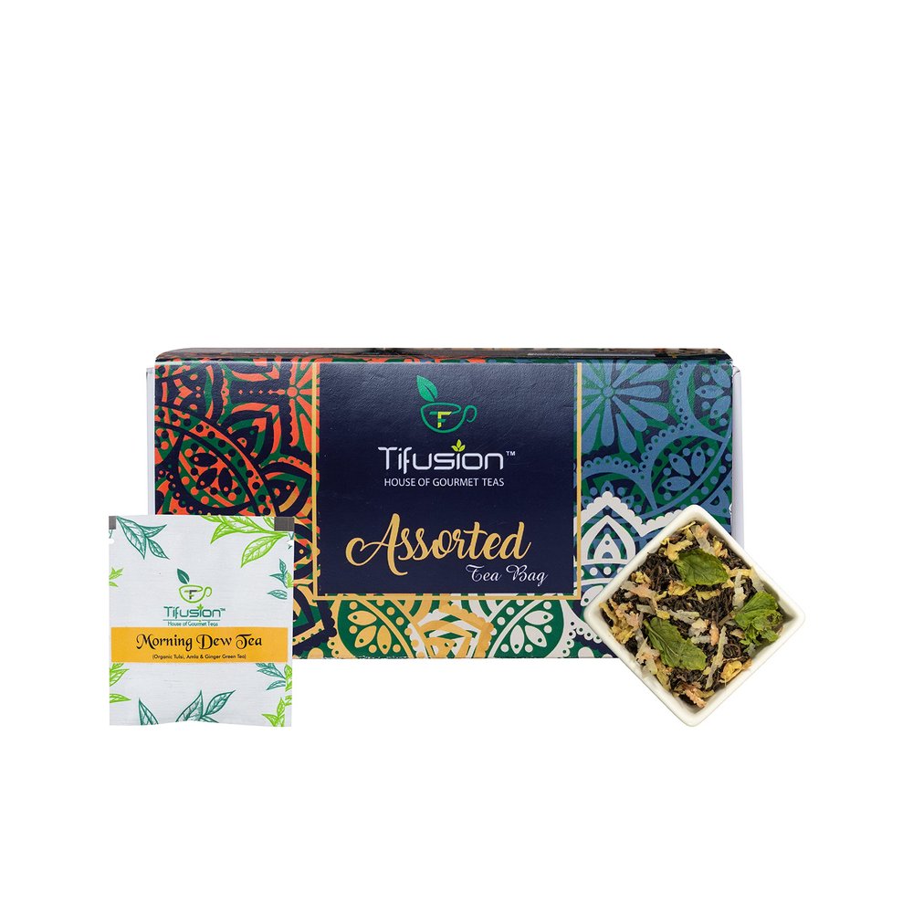 Tifusion Tulsi Ginger Amla Organic Green Tea For Cough Cold Sore Throat Digestion Darjeeling Herbal Organic Whole Leaf Chai Immunity Booster Tea (20 Tea Bag, 20 Serving Cups)