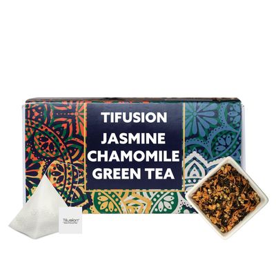 Tifusion Jasmine Chamomile Organic Green Tea With Natural & Pure Ingredients For Calm Mind | Aids Sleep | Best As A Hot Drink Or Iced Cooler Tea Bags (20 Tea Bags 20 Serving Cups)
