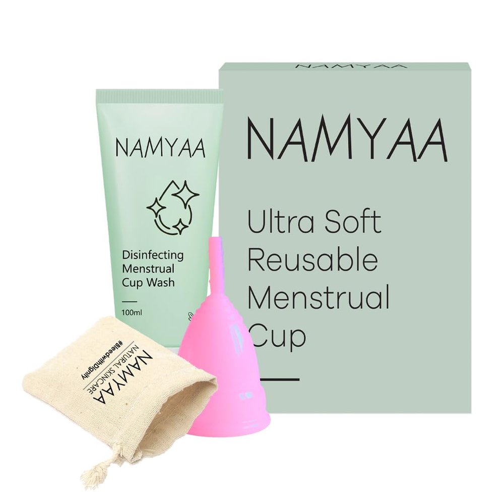 Namyaa Reusable Menstrual Cup for Women with Menstrual Cup Wash 100ml |Combo Pack|Cup With Pouch |Ultra Soft, Odour and Rash Free |100% Medical Grade Silicone |No Leakage |US FDA Registered (Large)