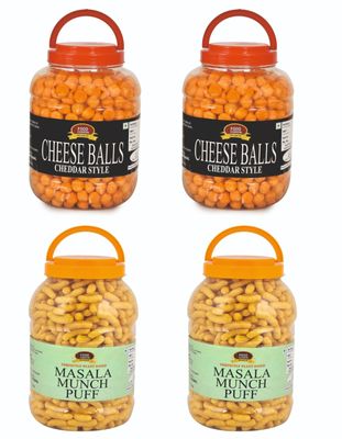 Food Essential Combo of Cheddar Cheese Balls [800 gm.] and Masala Munch Puff [650 gm.] Pack of 4