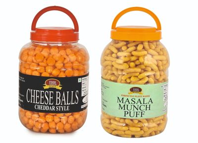 Food Essential Combo of Cheddar Cheese Balls [400 gm.] and Masala Munch Puff [325 gm.] Pack of 2