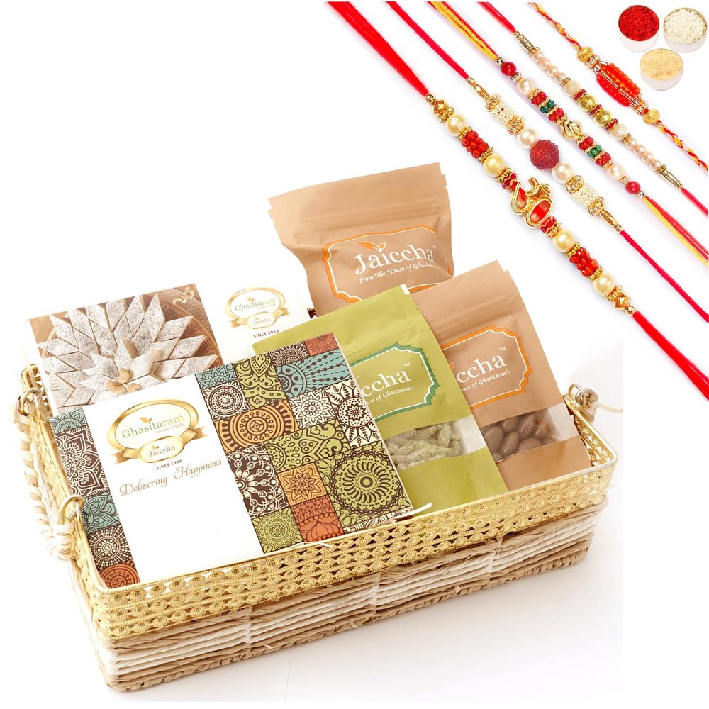 Jaiccha Ghasitaram Gifts Rakhi Gifts - Jute Metal Rectangle Basket with Kaju Katli and Milk Cake with 5 Rakhis