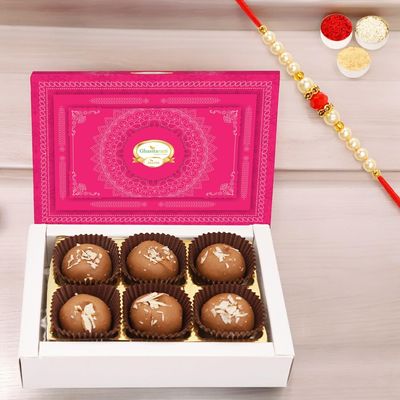 Jaiccha Ghasitaram Gifts Rakhi Gifts - Mathura Peda Box 6 Pcs with Pearl Beads Rakhi