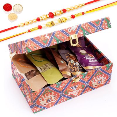 Jaiccha Ghasitaram Gifts Rakhi Gifts - Fabric Trunk Box with Bites and Cookies with 2 Rakhis