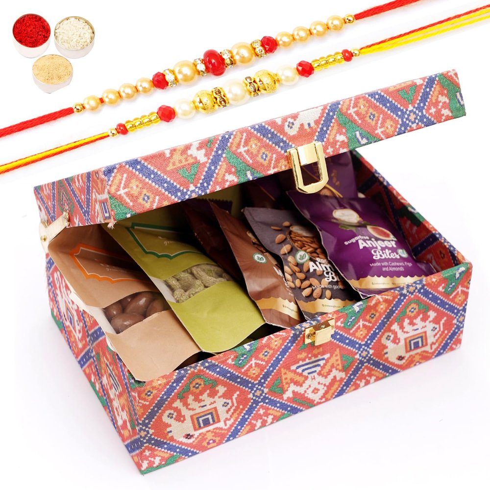 Jaiccha Ghasitaram Gifts Rakhi Gifts - Fabric Trunk Box with Bites and Cookies with 2 Rakhis