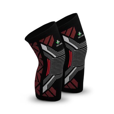 NECARE Premium Nylon Orthopedic Compression Knee Cap/Sleeves (1 PAIR) For Sports, Pain Relief, Exercise/Workout, Running/Jogging, Cycling, For Men And Women (L, Black-Red)