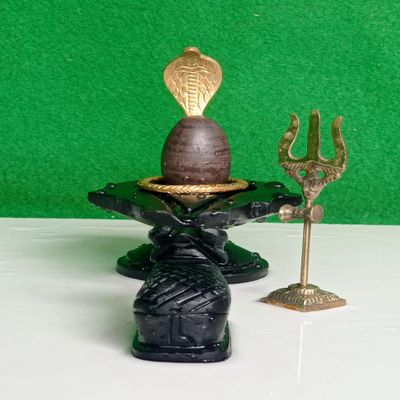100% Natural & Origanal Narmada Stone Bana Lingam, Narmadeshwar 2inch Madhu Shivling and 4inch Black Damru Jaladhari with Nag(Snack), Nandhi Ji, Trishul for Worship at Home.[Size: 2 x 4]