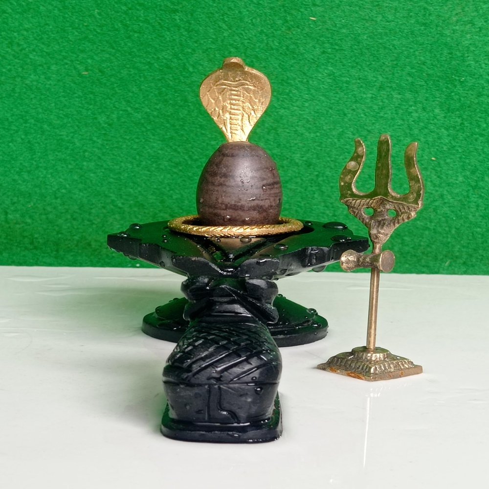 100% Natural & Origanal Narmada Stone Bana Lingam, Narmadeshwar 2inch Madhu Shivling and 4inch Black Damru Jaladhari with Nag(Snack), Nandhi Ji, Trishul for Worship at Home.[Size: 2 x 4]