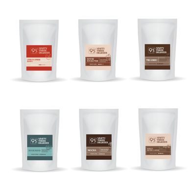 93 Degrees Coffee Roaster- Citrus Upside Down, House Pour-Over, Tiramisu, House Blend, Mocha, and Indian Filter Sample Coffee - Whole Beans, Pack of 6)