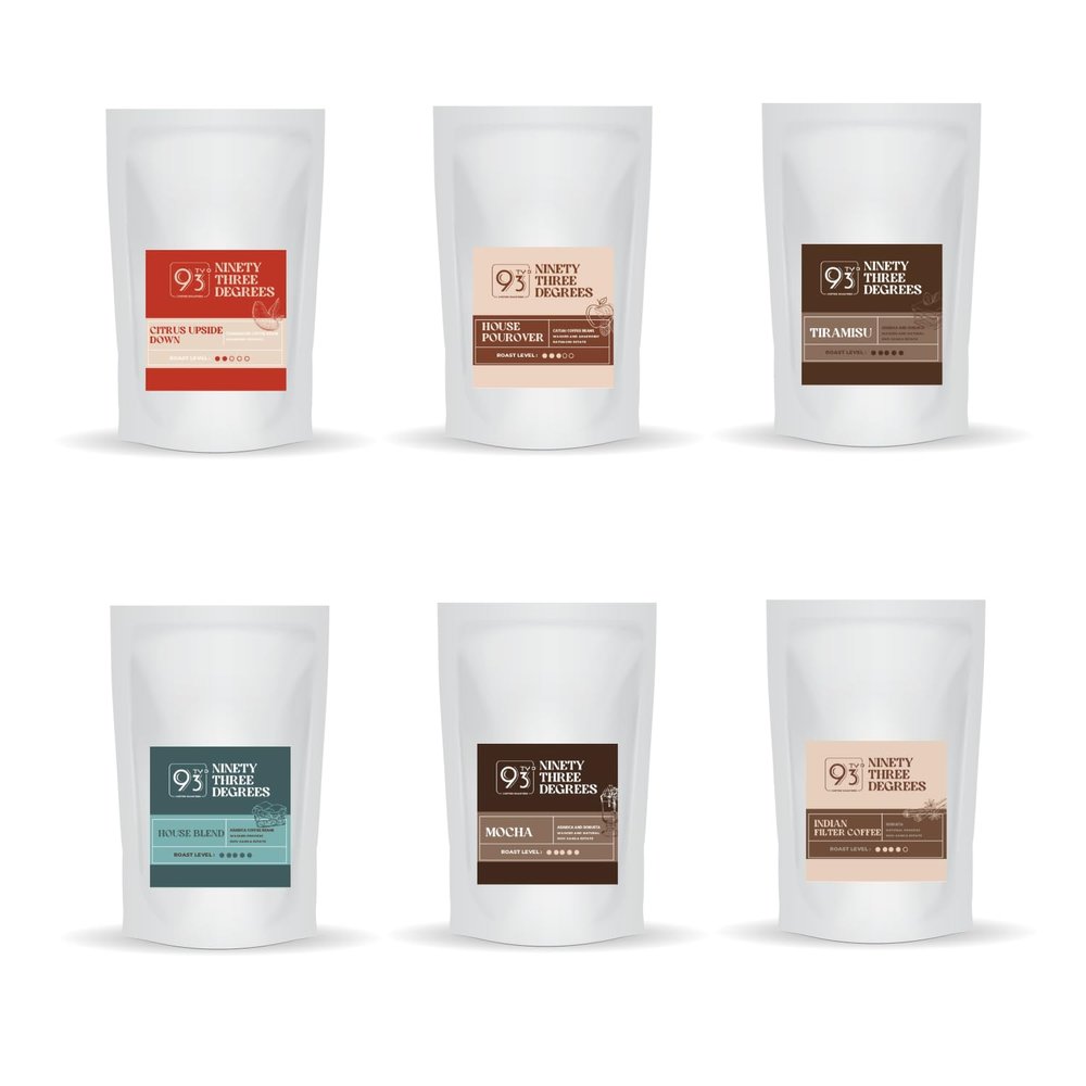 93 Degrees Coffee Roaster- Citrus Upside Down, House Pour-Over, Tiramisu, House Blend, Mocha, and Indian Filter Sample Coffee - Whole Beans, Pack of 6)