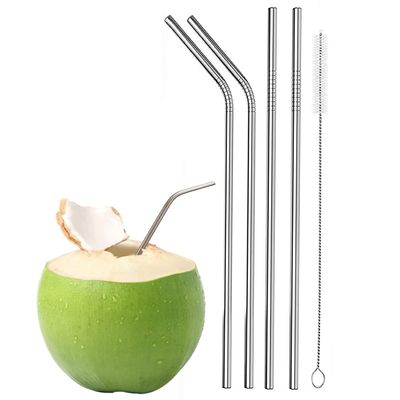 MobFest Stainless Steel Reusable Eco-Friendly Bent & Straight Straw with Cleaning Brush Mug Coffee, Sodas, Cocktail, Juice, 21cm. 5 Pcs (1)