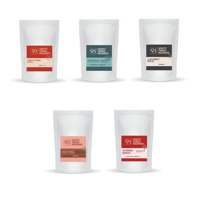 93 Degrees Coffee Roaster - Citrus Upside Down, Cold Brew Blend, Summer Berry, House Blend, and Vietnamese Filter Coffee Sample Packet - 50g - (Whole Beans, Pack of 5)