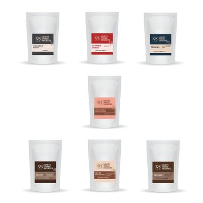 93 Degrees Coffee Roasters- Cold Brew Blend, House Pour-Over, Summer Berry, Vietnamese Filter, Tiramisu, Mocha, and Mimosa Sample Coffee - 50g (Turkish, Pack of 7)