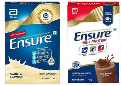 Ensure High Protein Drink for Physically Active Adults - Chocolate 400g, Red & Ensure Complete, Balanced Nutrition Drink For Adults 400g, Vanilla Flavour