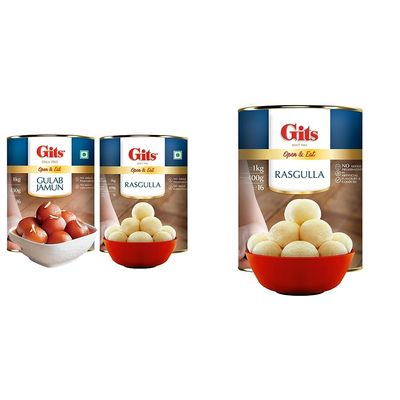 Gits Open & Eat Gulab Jamun + Rasgulla, 16 Pieces Per Can, 2Kg (2000gram)(1Kg Gulab Jamun Tin + 1Kg Rasgulla Tin) & Gits Open & Eat Rasgulla Tin, 16 Pieces per Can, 1Kg