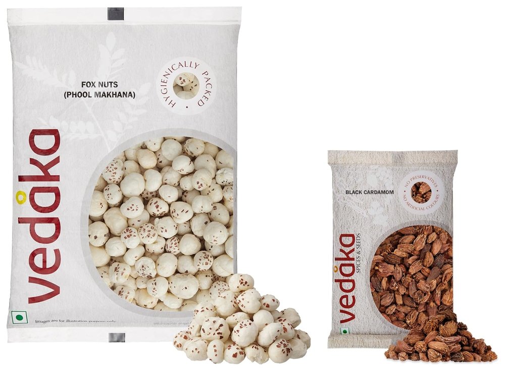 Amazon Brand - Vedaka Fox Nuts (Phool Makhana), 200 g & Vedaka Whole Black Cardamom, 100g
