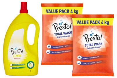 Amazon Brand - Presto! Total Wash Detergent Powder, Twin (4 Kg + 4Kg) Pack & Dish Wash Gel - 2 L (Lemon)