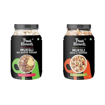 True Elements Muesli No Added Sugar 1kg - Sugar Free | With 26% Millets | 100% Wholegrain | Breakfast Cereal | Diet Food & True Elements Nuts & Berries Muesli 1kg